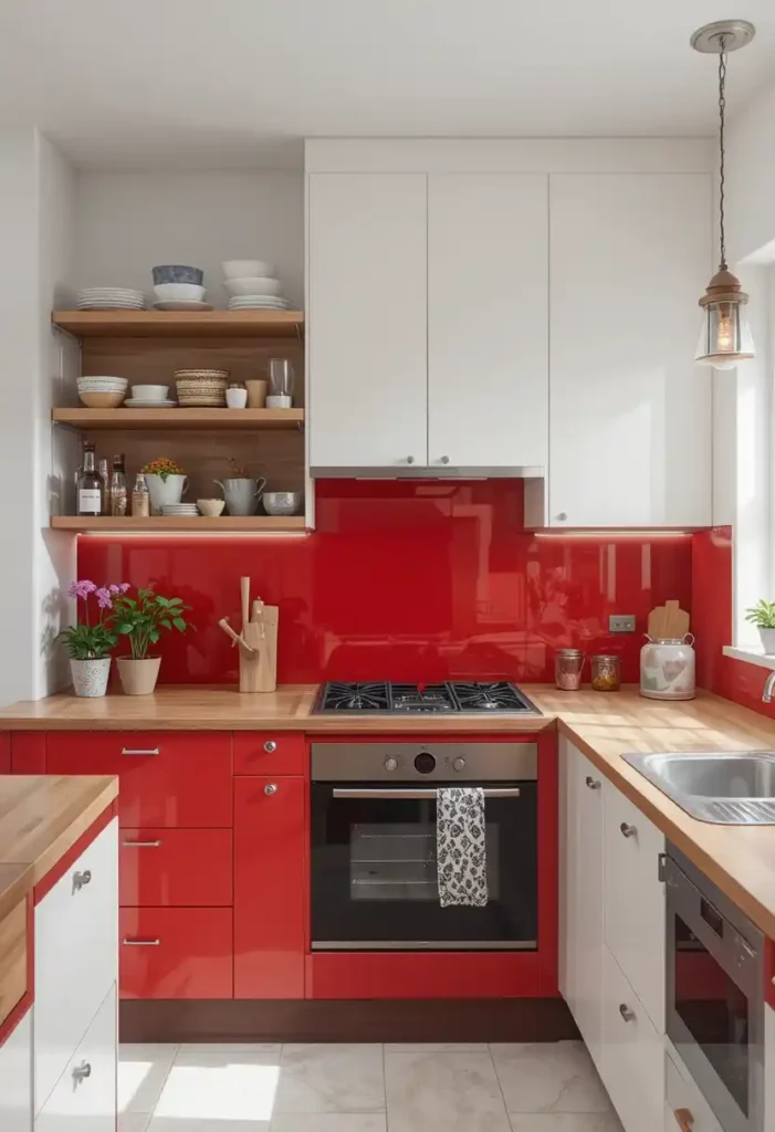 Bold red kitchen cabinets with wooden counters and white walls.