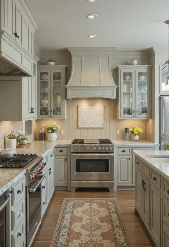 Full kitchen with painted bead board backsplash in soft color