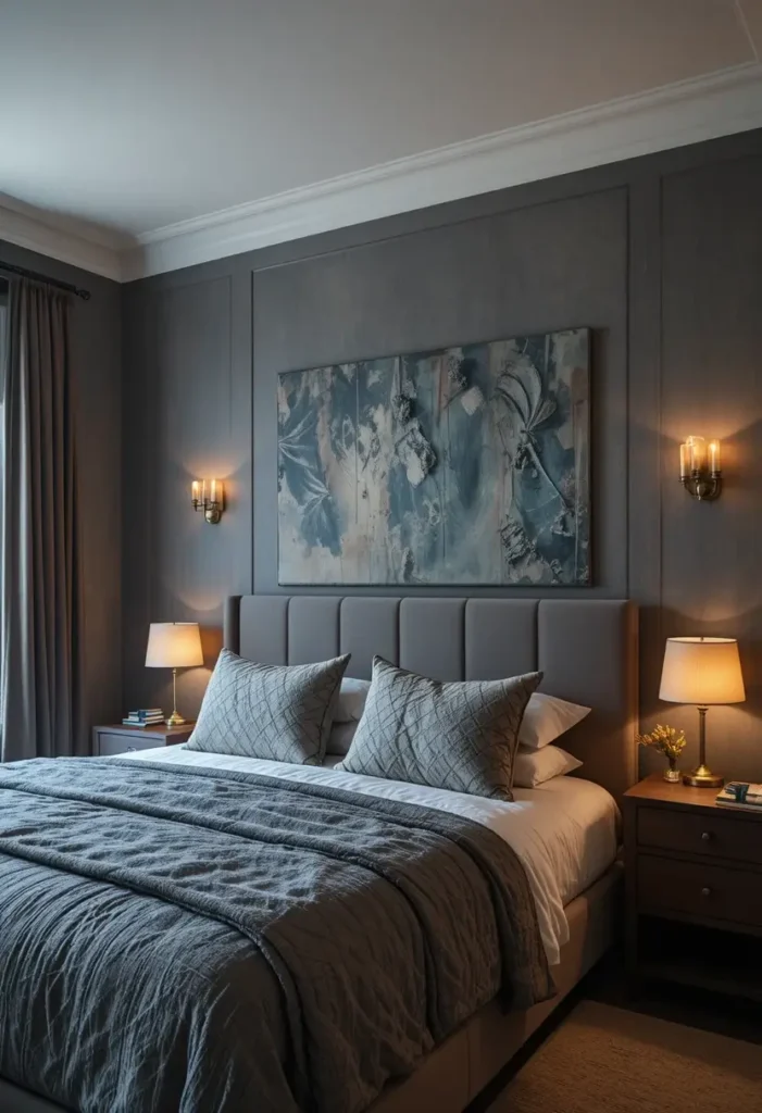 Moody bedroom with soft, layered lighting creating a cozy atmosphere.