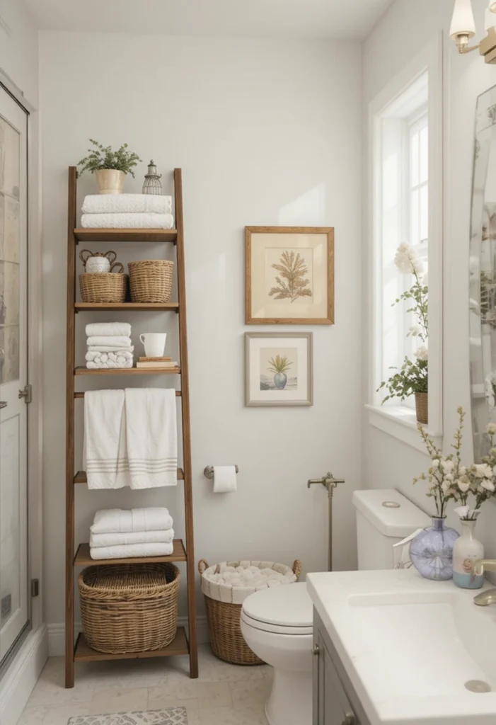 Ladder shelf used for vertical storage and style in a compact bathroom.