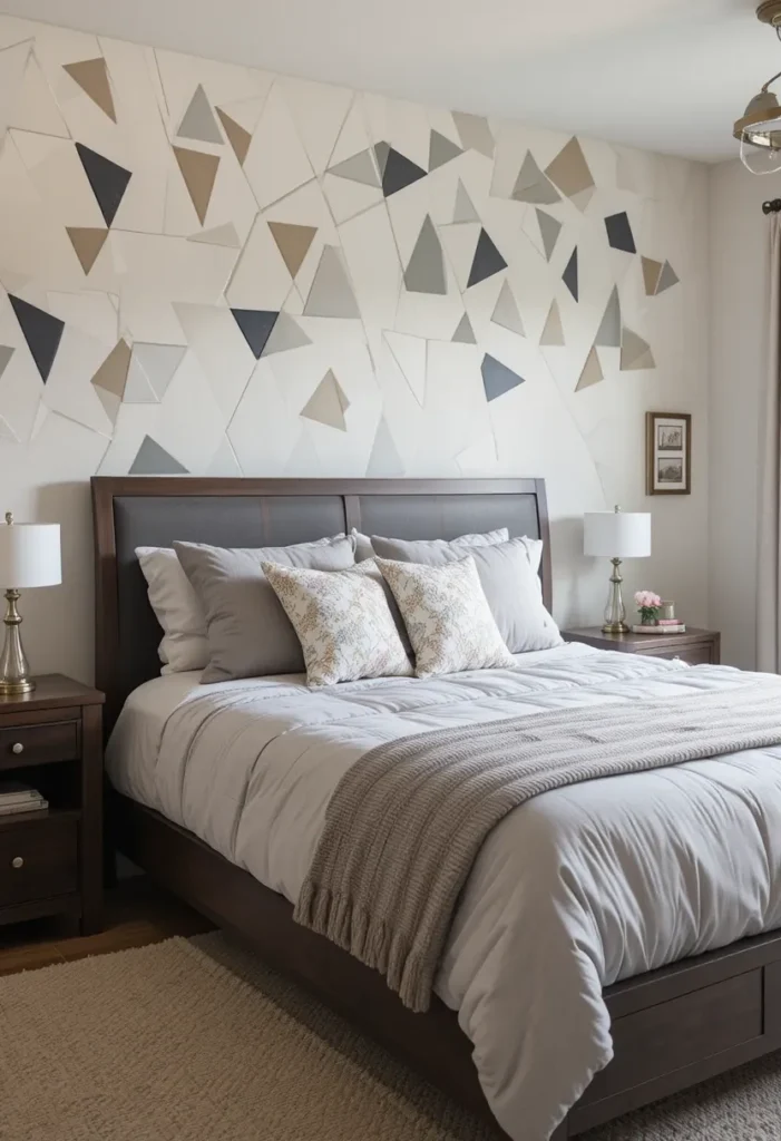 Bedroom wall decorated with removable geometric wall decals.