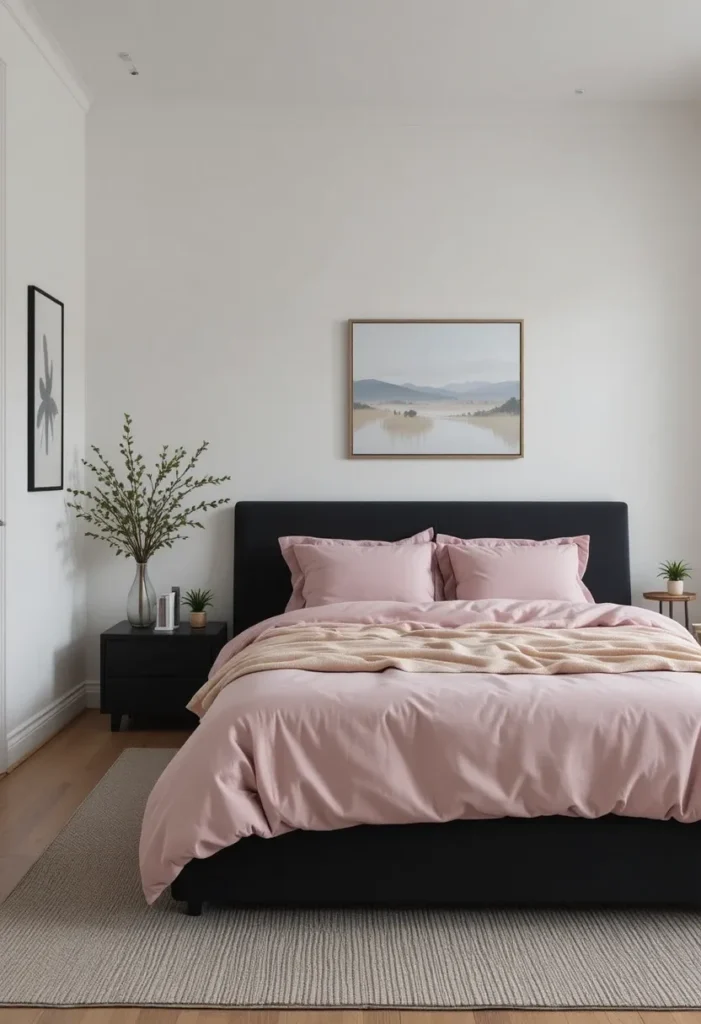 Minimalist pink and black bedroom featuring clean lines and modern style.