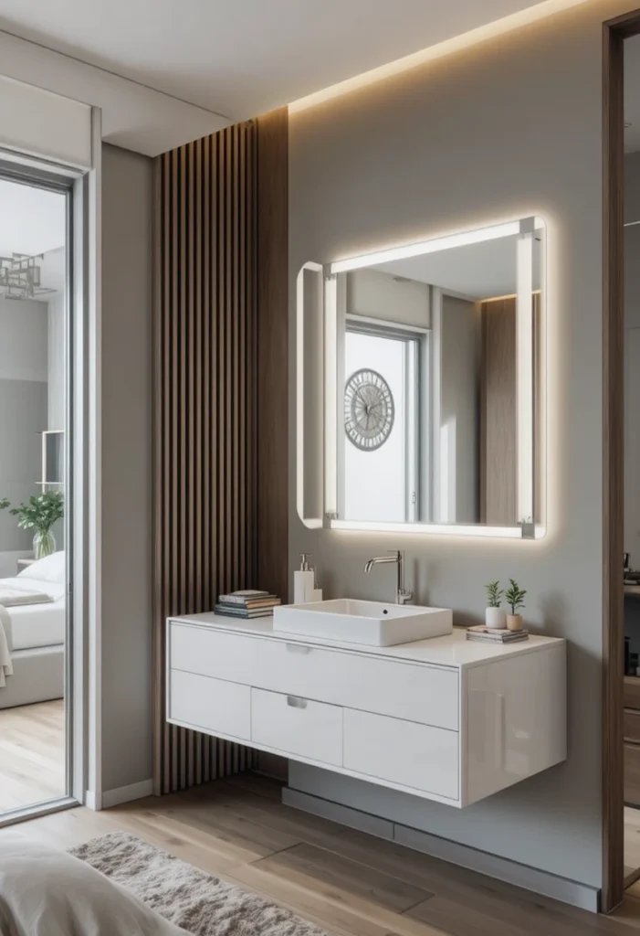 Floating wall-mounted bedroom vanity with LED mirror and open floor space.