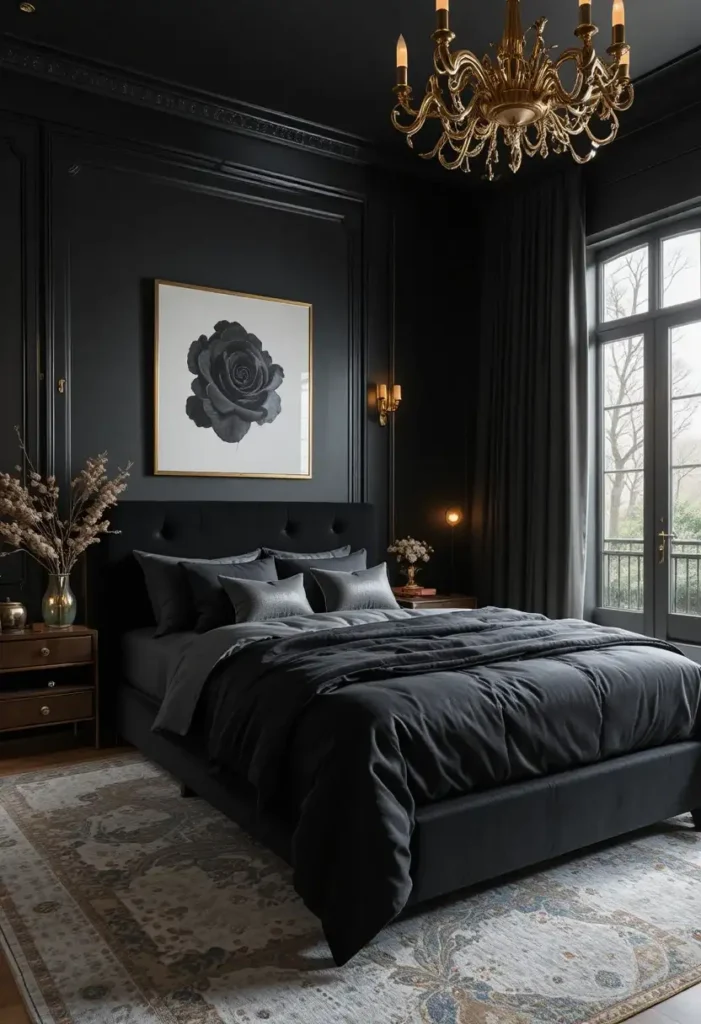 Black bedroom with soft metallic accent details