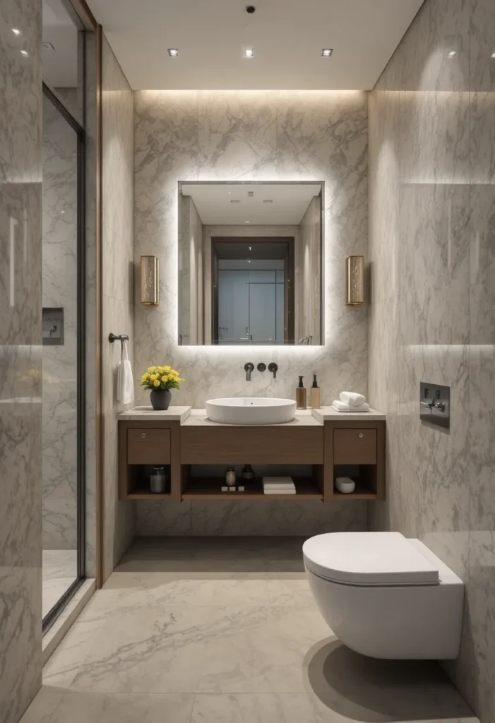 Small bathroom with floating vanity creating open floor space.