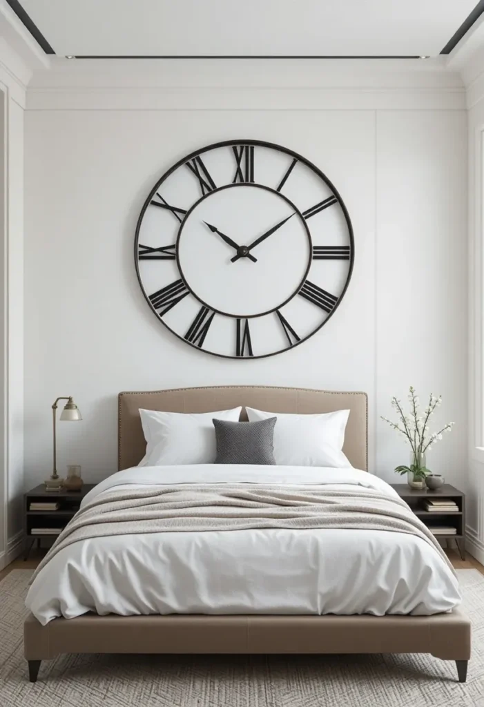 Minimalist bedroom wall featuring oversized statement clock.