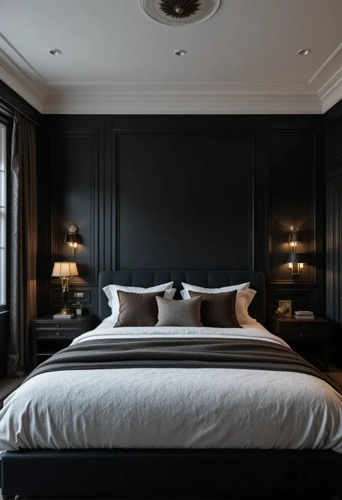 Black bedroom with soft layered lighting design