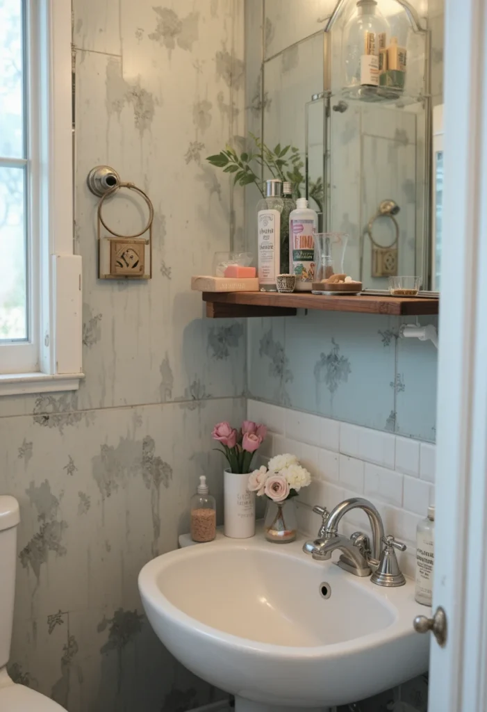 Over-sink shelf providing extra storage above bathroom sink.