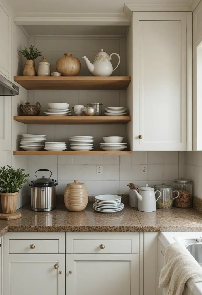 Open shelving used correctly in a small kitchen