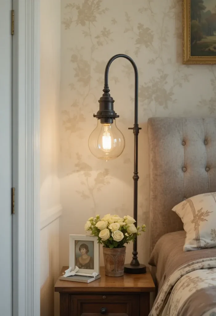 Handmade vintage lamp illuminating a cozy bedroom corner