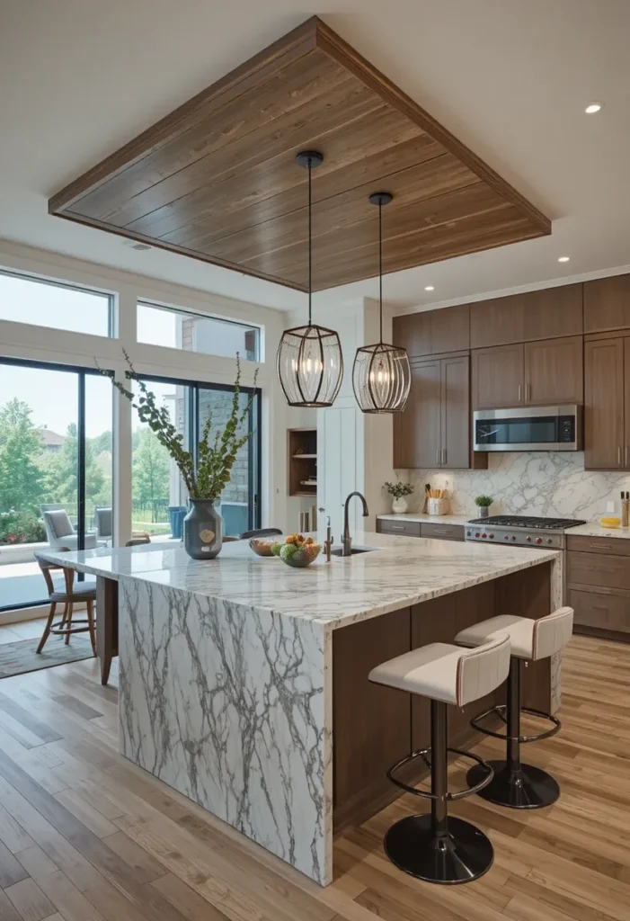 Kitchen waterfall island with breakfast bar and modern stools