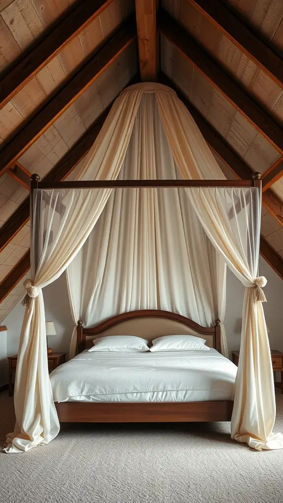 Elegant canopy bed placed in an attic bedroom with sloped ceilings and soft drapery