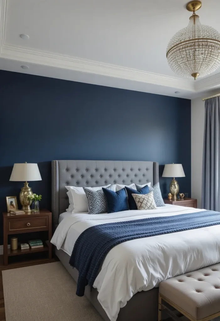 Moody bedroom with a dark accent wall behind the bed and minimalist décor.