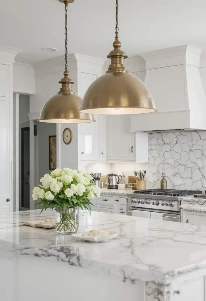 White kitchen with statement pendant lighting