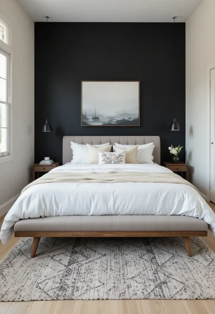 Bedroom featuring a black accent wall