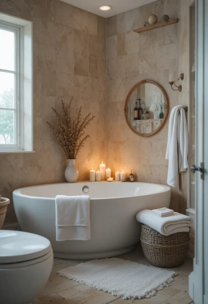 Spa-inspired bathroom corner with candles, towels, and natural décor.