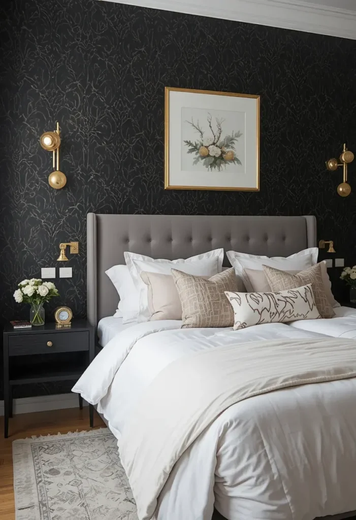 Black wallpaper accent wall in a modern bedroom