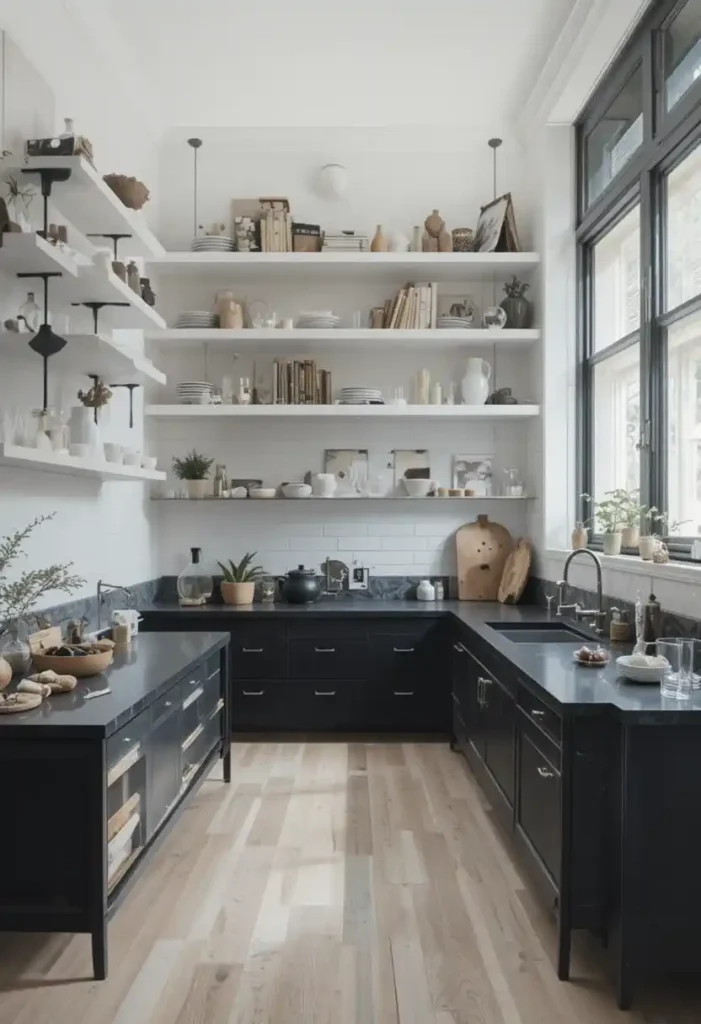Black countertops with white open kitchen shelves