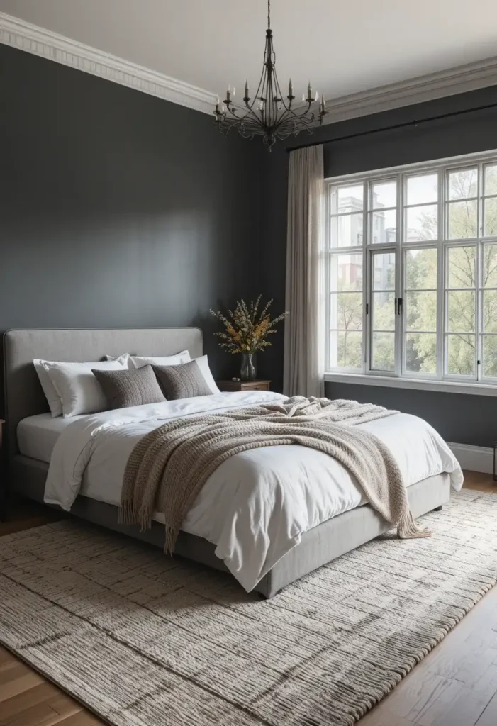 Dark gray bedroom with cozy layered rugs