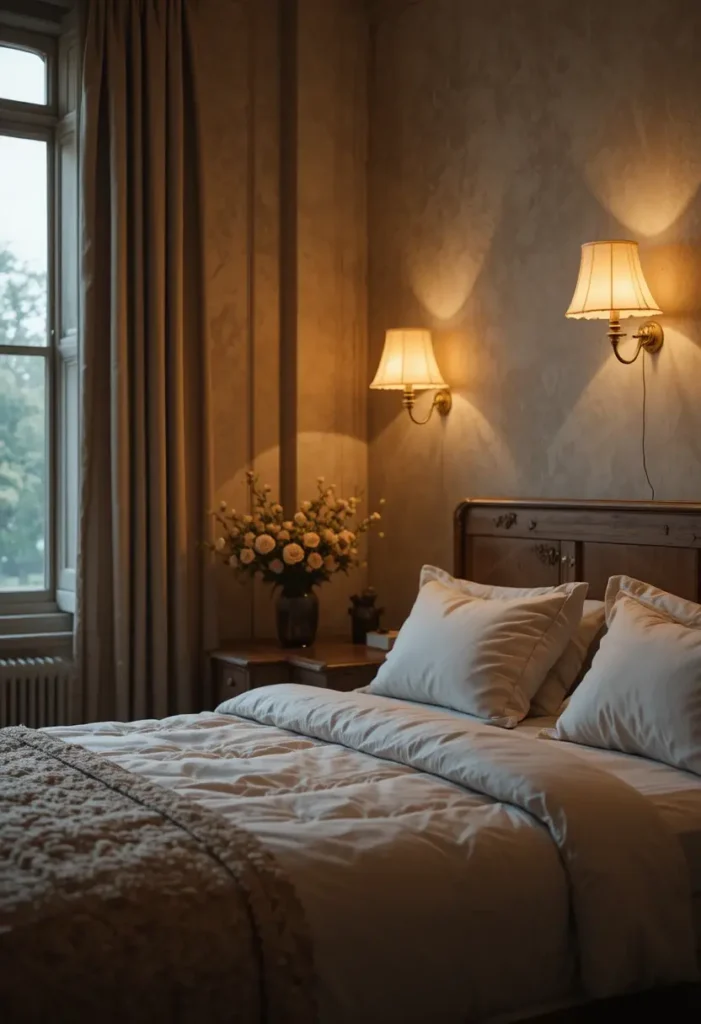 Bedroom with wall-mounted lamps creating cozy ambient lighting.