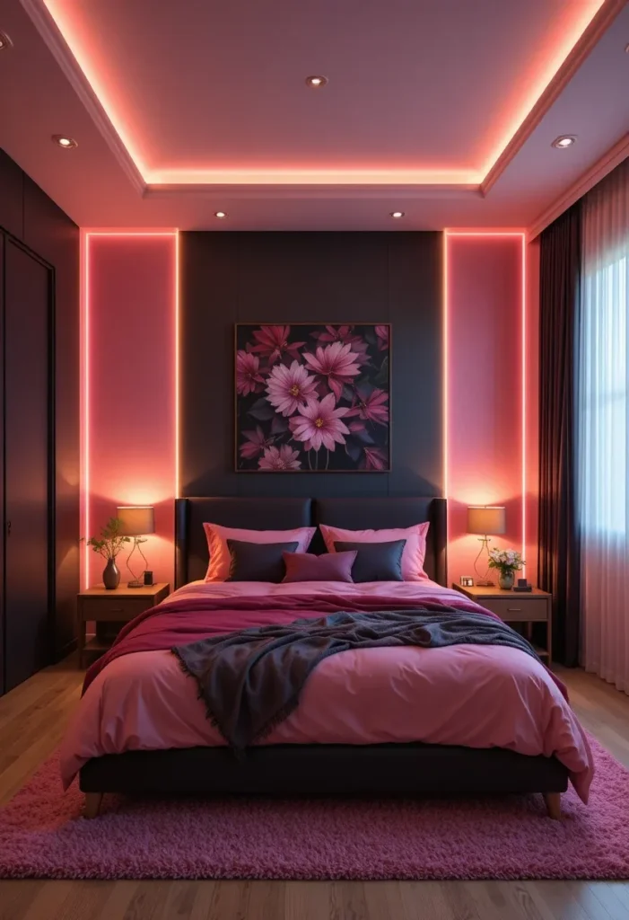 Pink and black bedroom enhanced with warm lighting for a calm atmosphere.