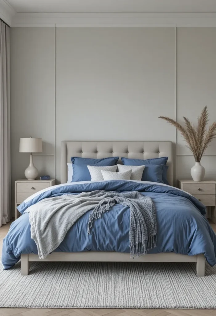 Blue bedding adding color to a neutral bedroom