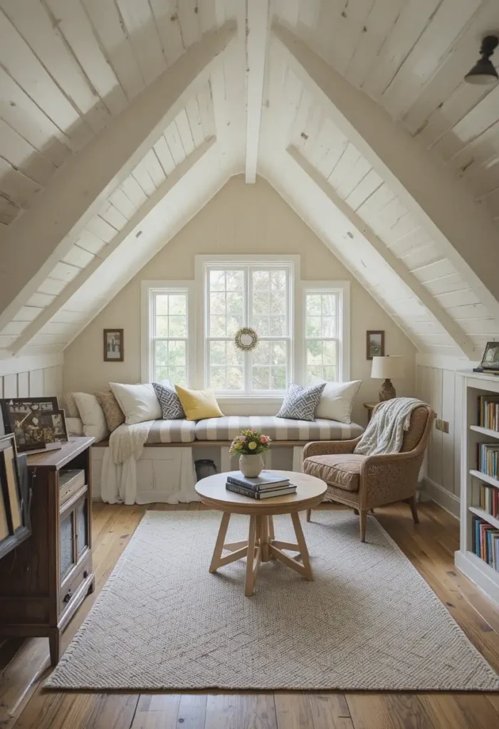 Cozy attic reading room with sloped ceilings and cushioned window seat