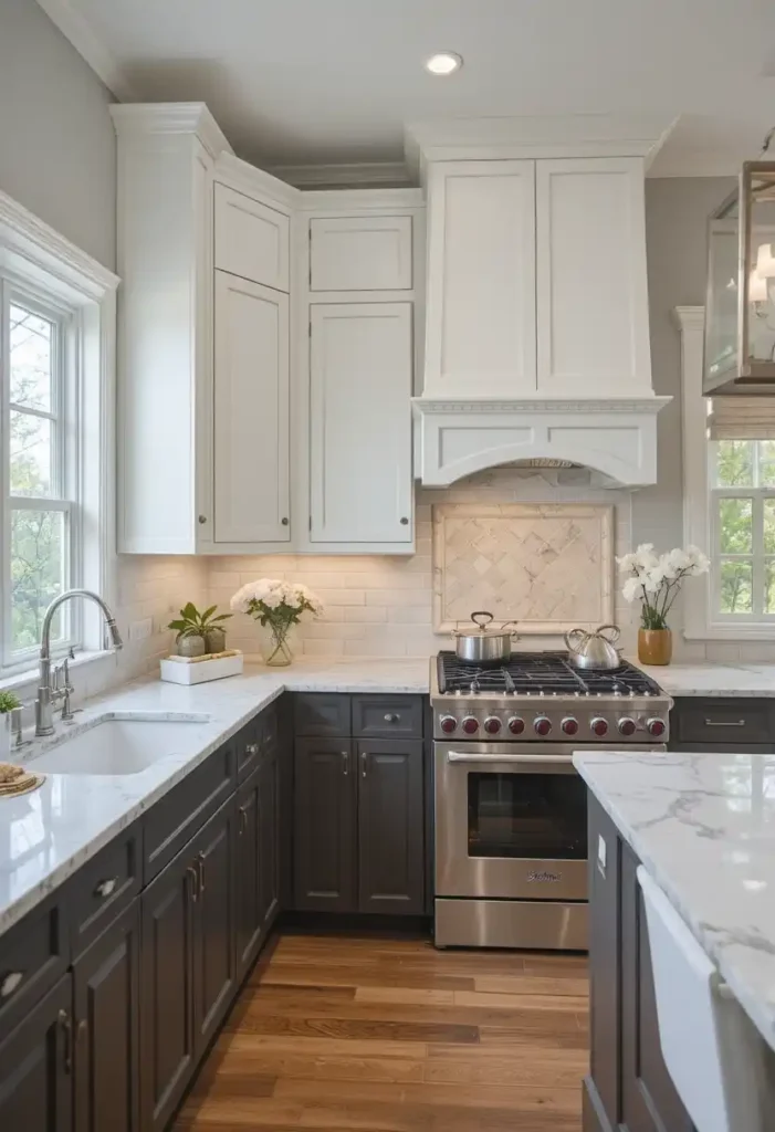 Two-tone white kitchen cabinet design