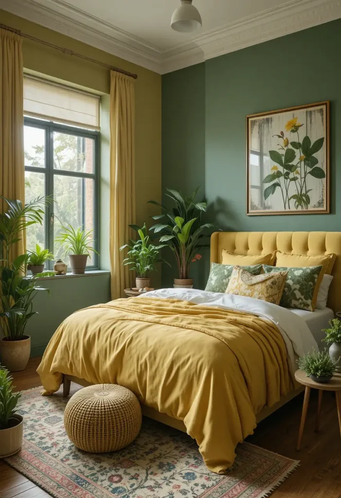 Yellow and green bedroom with nature-inspired calm atmosphere