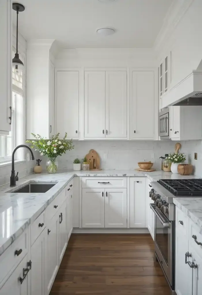 Full kitchen with white bead board backsplash and classic design