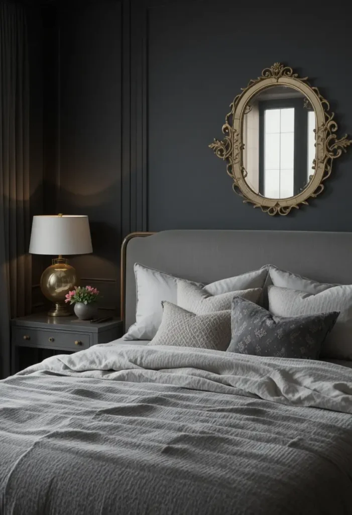 Dark gray bedroom with soft metallic accents