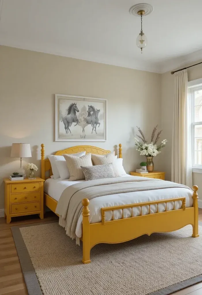 Yellow bedroom furniture adding vibrant but balanced color