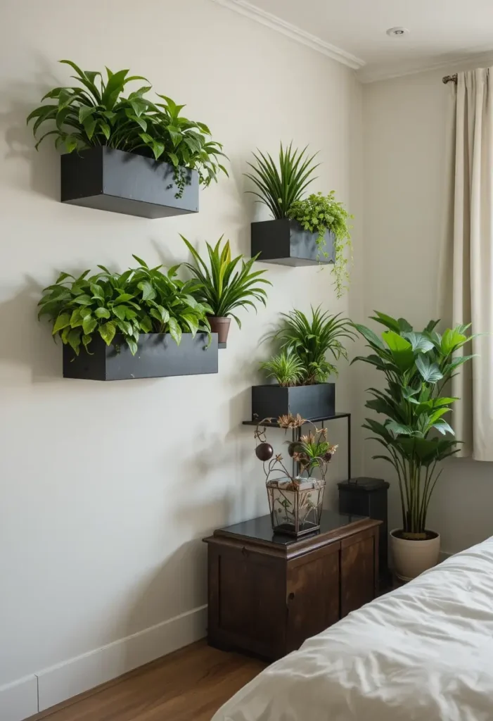 Bedroom wall with floating planters holding lush green plants.