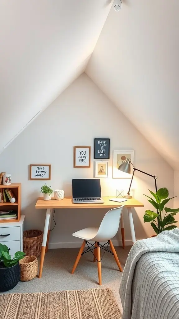 Functional attic bedroom workspace designed beneath a slanted roof