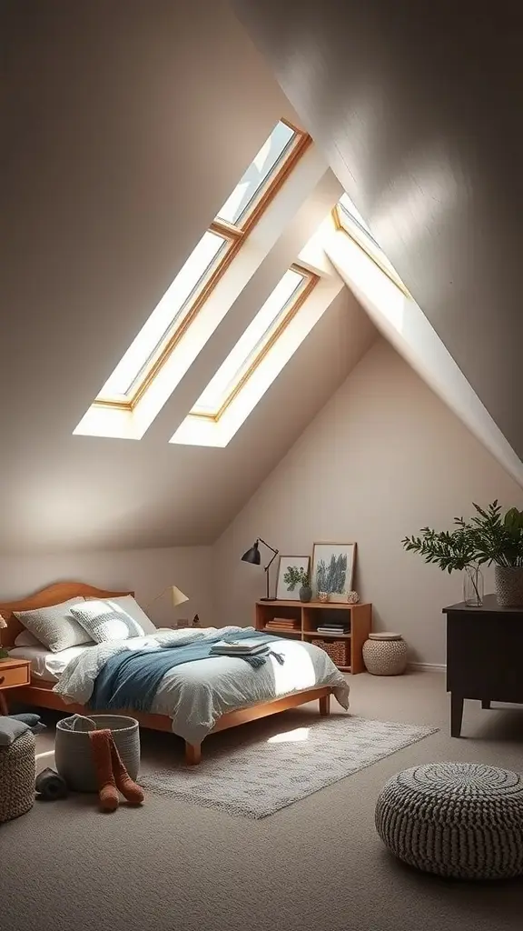 Attic bedroom filled with natural light from large skylight windows