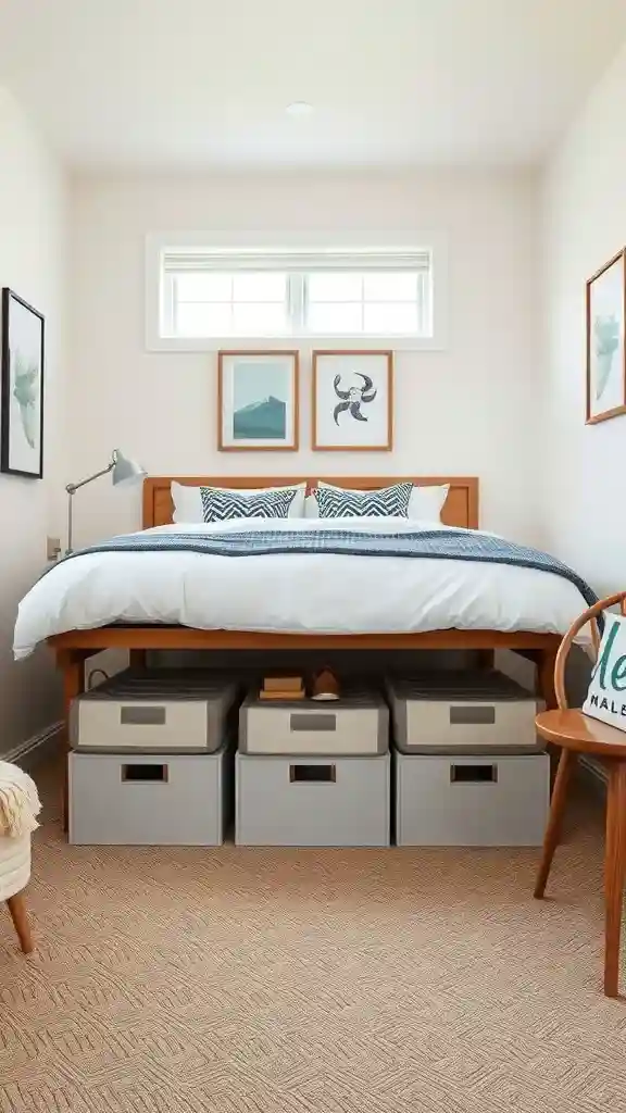 Small guest bedroom showing under-bed storage drawers and cozy bed