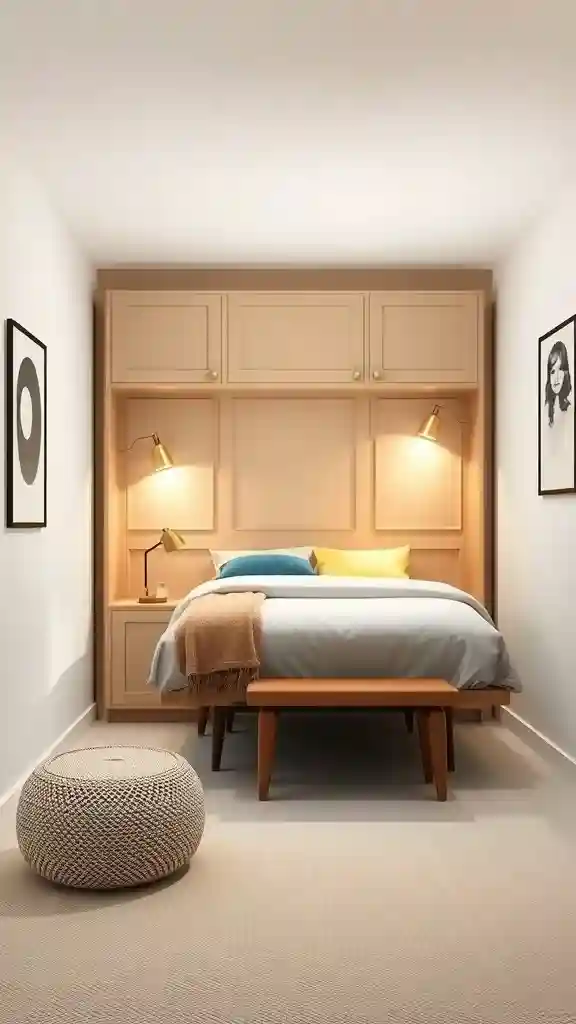 Small guest bedroom featuring a foldable Murphy bed