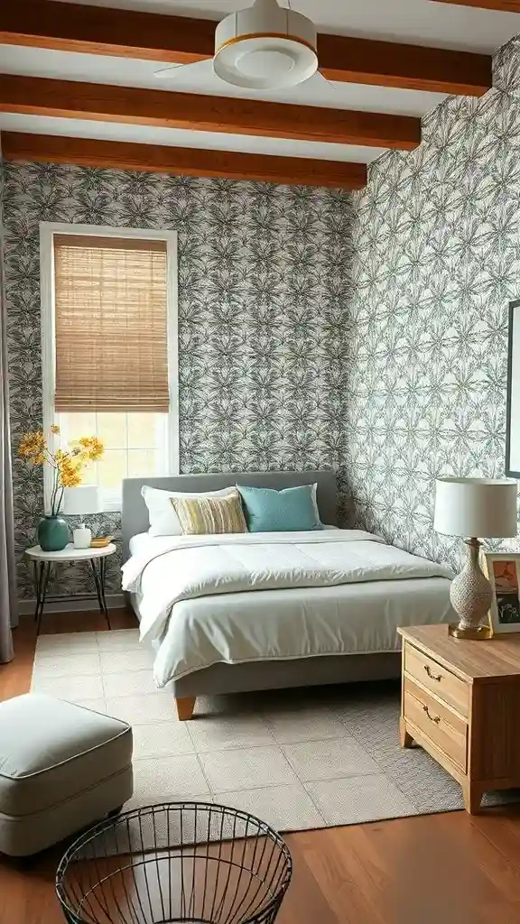 Small guest bedroom with feature wallpaper wall