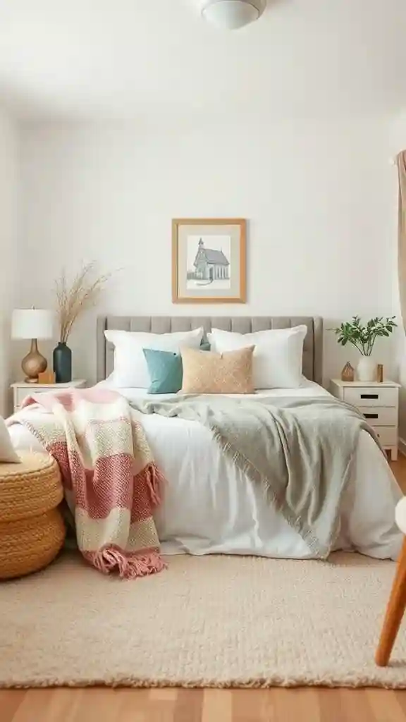 Small guest bedroom with layered blankets, pillows, and plush rug