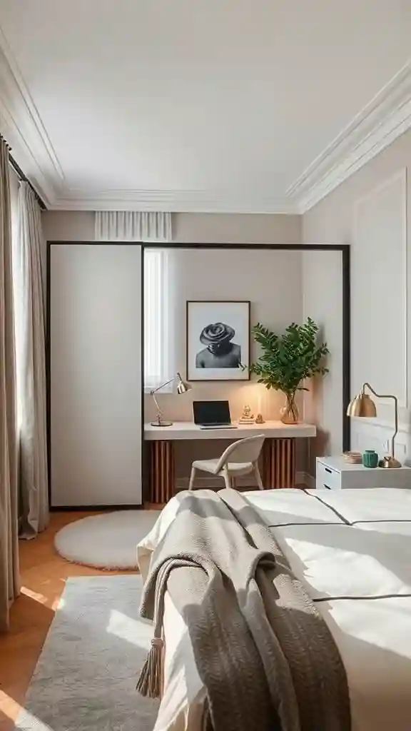 Small guest bedroom with decorative room divider separating bed and desk