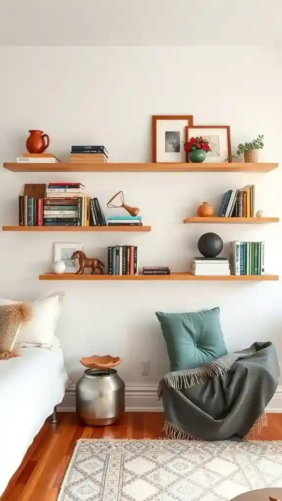 Small guest bedroom showing vertical shelving with books and decor