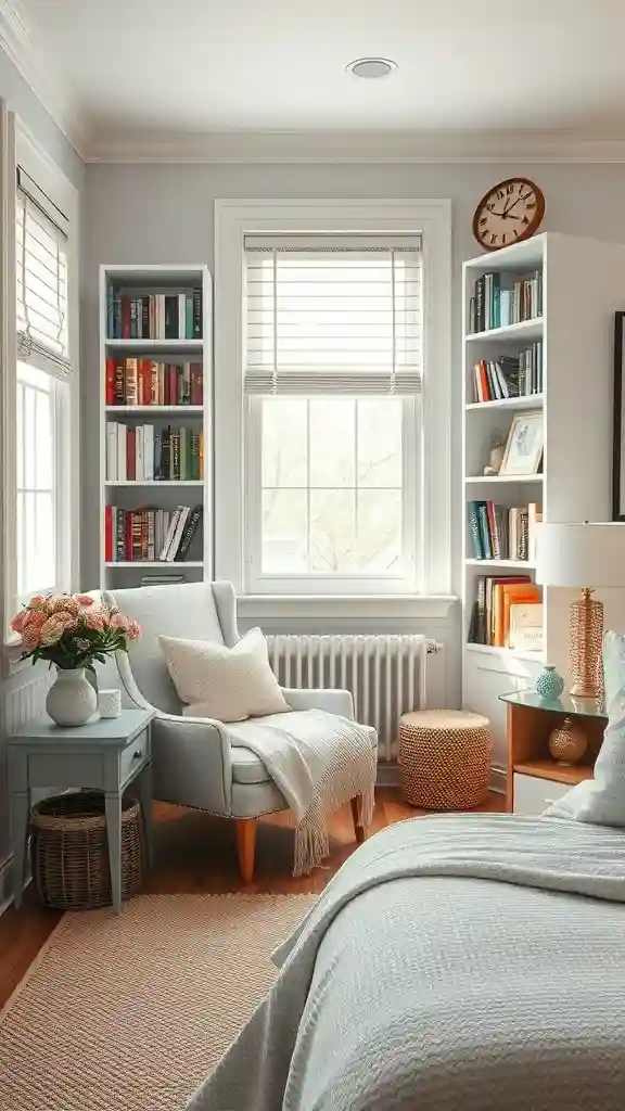 Small guest bedroom with cozy reading nook by the window