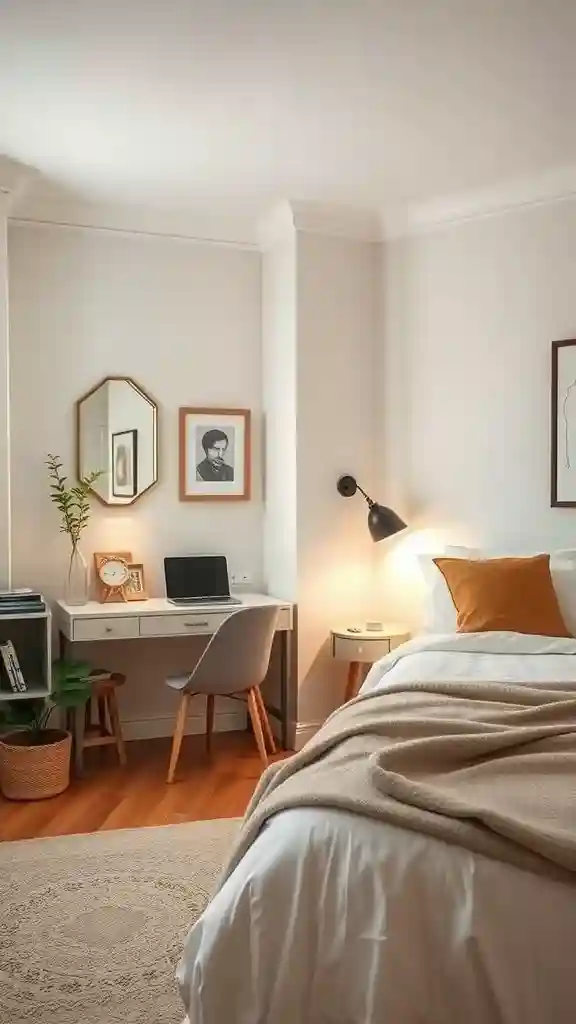 Small guest bedroom featuring a compact desk area