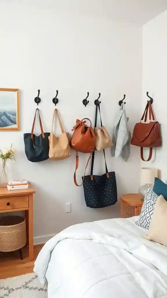Small guest bedroom showing wall hooks for extra storage