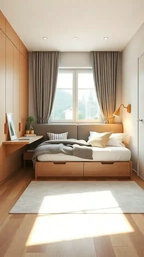 Small guest bedroom with multi-functional furniture and storage