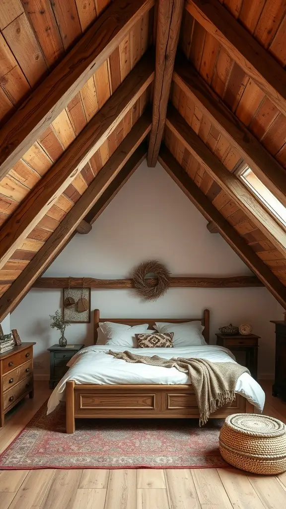 Rustic attic bedroom featuring exposed wooden beams and natural textures