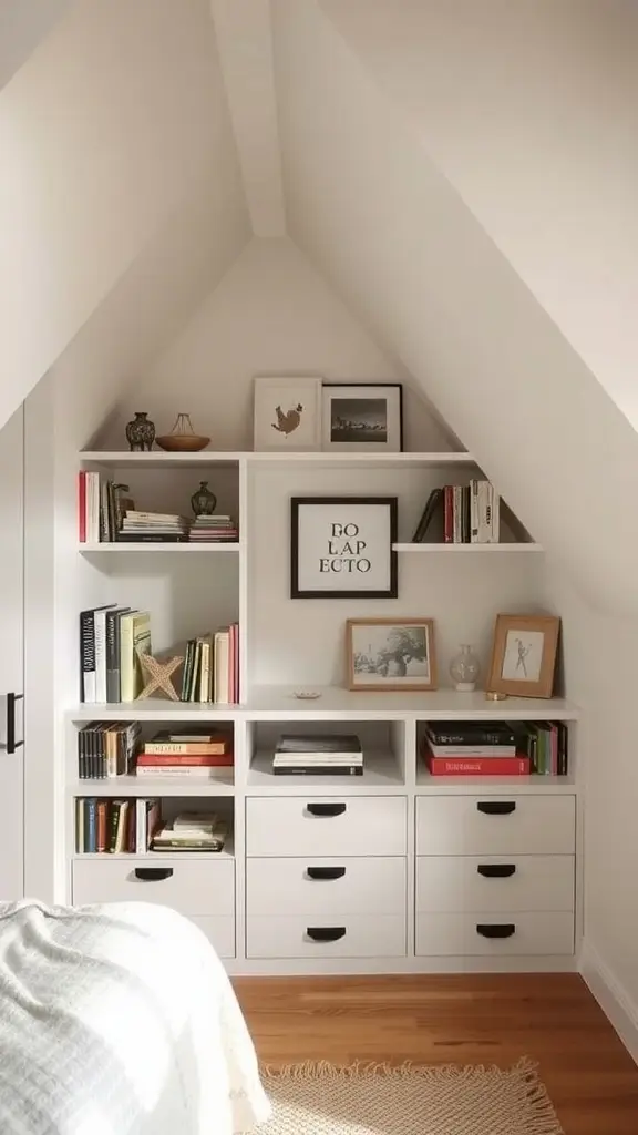 Attic bedroom with custom built-in storage cabinets under angled ceilings