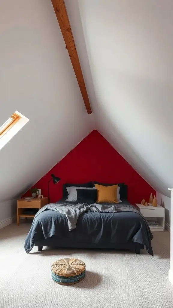 Attic bedroom with a bold accent wall highlighting angled architecture