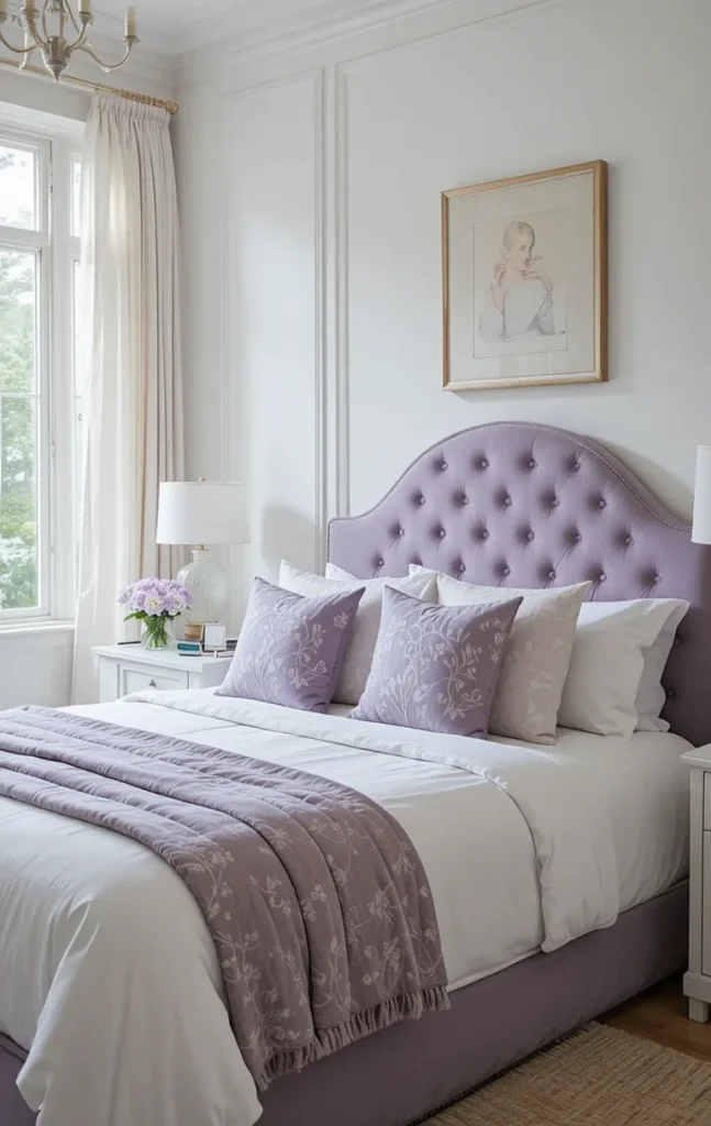 White bedroom with violet headboard and lavender accents.