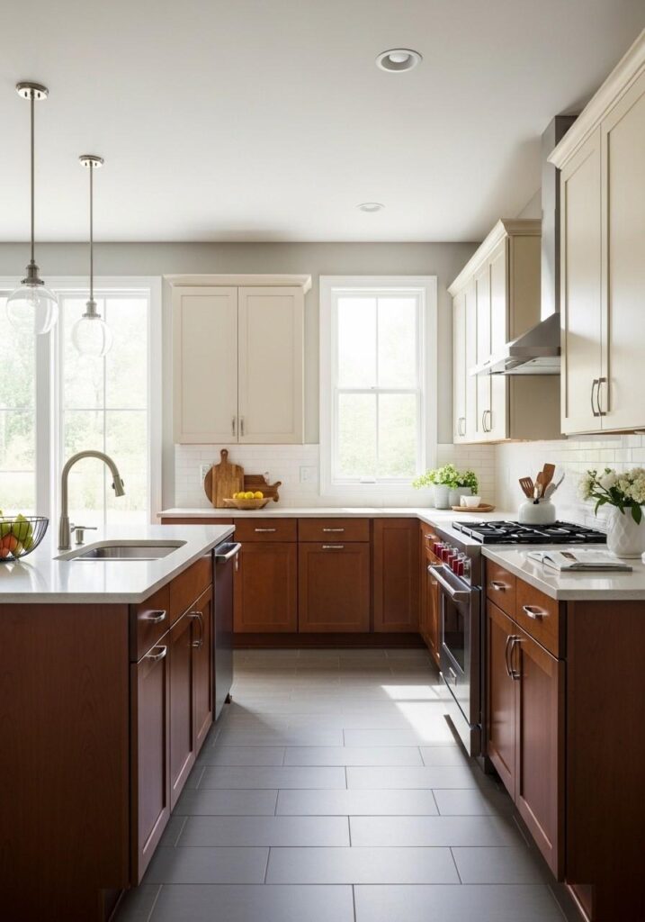 Two-tone kitchen with brown lower cabinets and cream upper cabinets for contrast